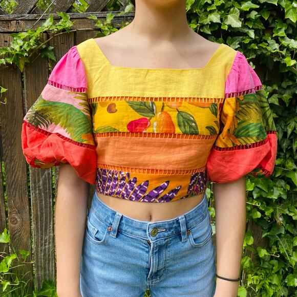 FARM Rio Rainbow Mixed Prints Tiered Linen Blend Crop Top Womens Size XS Orange - Picture 7 of 11